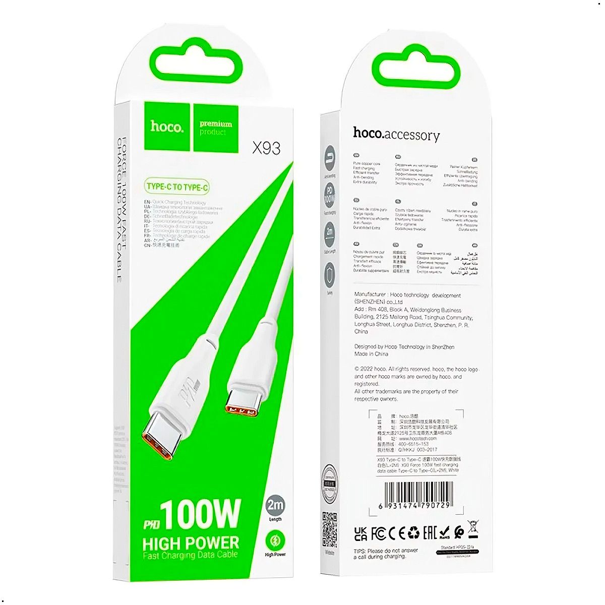 HOCO - Cable Hoco X93 Carga Rapida Usb Tipo C A Tipo C Force 100w 2mts