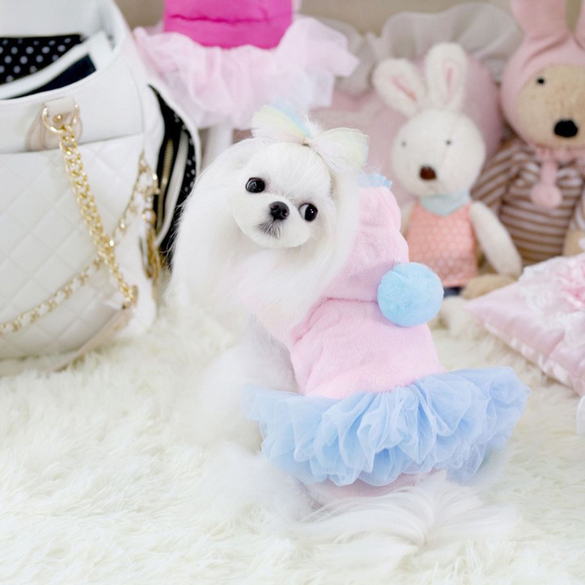 GENERICO - ABRIGO MASCOTA ROSADO CON TUTU CELESTE - TALLA XS