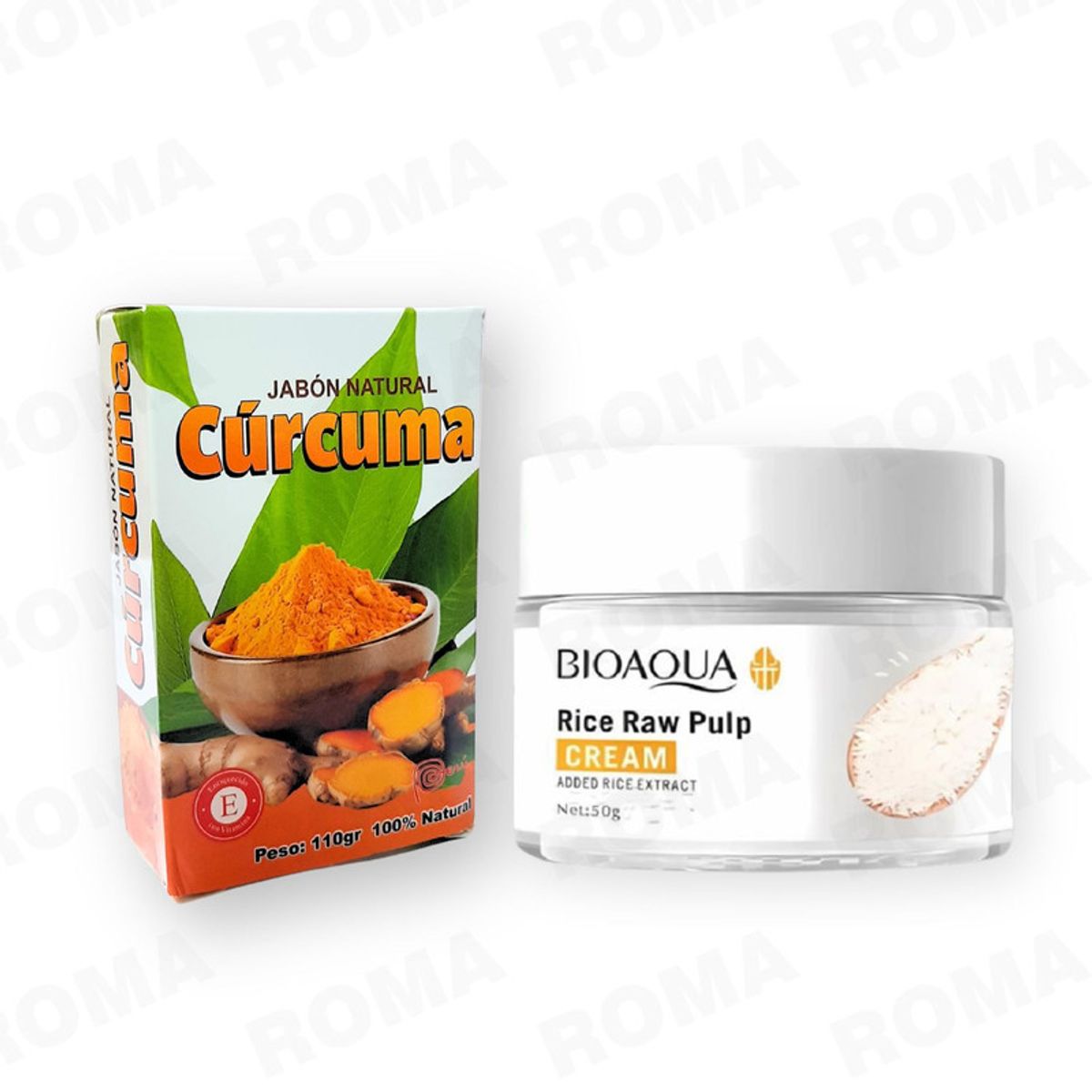 BIOAQUA - JABÓN EN BARRA DE CÚRCUMA 110G + CREMA ACLARANTE DE ARROZ BIOAQUA 50G