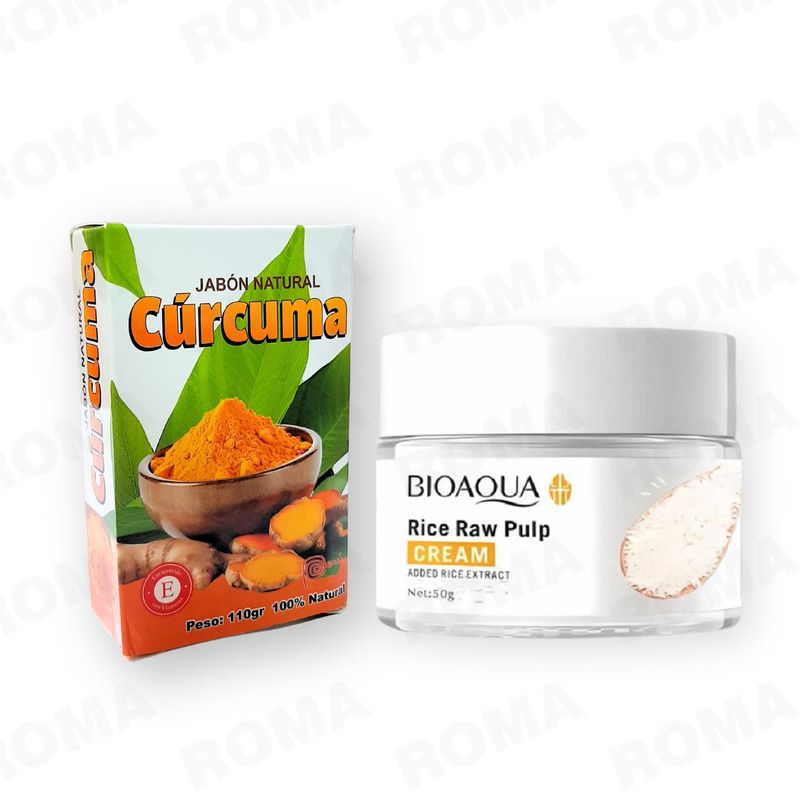 BIOAQUA - JABÓN EN BARRA DE CÚRCUMA 110G + CREMA ACLARANTE DE ARROZ BIOAQUA 50G