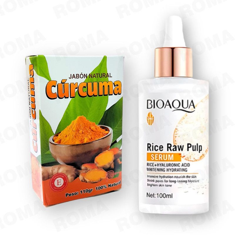 BIOAQUA - JABÓN EN BARRA DE CÚRCUMA 110G + SERUM DE ARROZ CON ÁH BIOAQUA 100ML