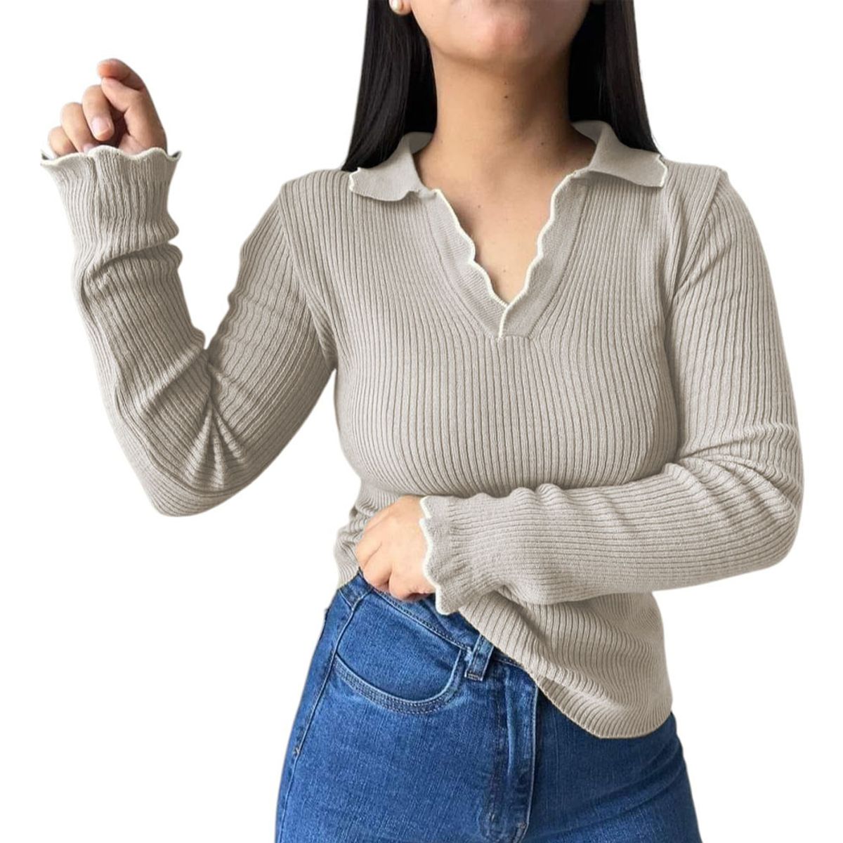 GENERICO - Sueter Mujer Hilo Mlarga Ondulado 359G-21 Color Hueso