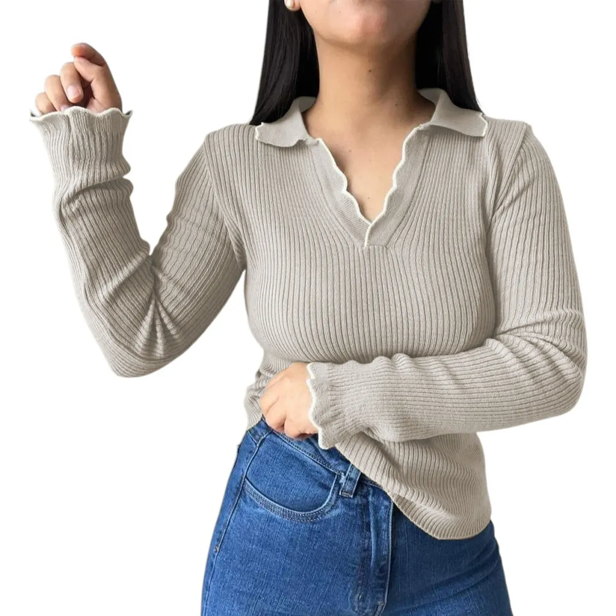 GENERICO - Sueter Mujer Hilo Mlarga Ondulado 359G-21 Color Hueso