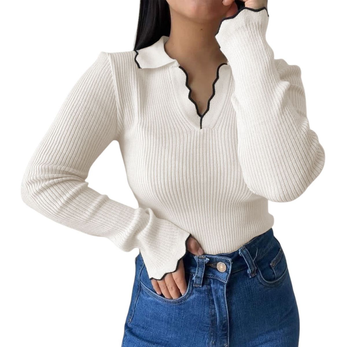 GENERICO - Sueter Mujer Hilo Mlarga Ondulado 359G-21 Color Perla