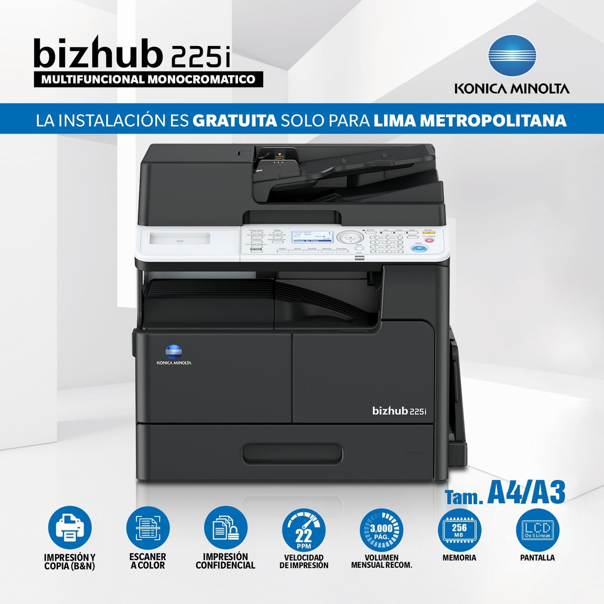 KONICA MINOLTA - Impresora Multifuncional Laser Monocromática BIZHUB 225i
