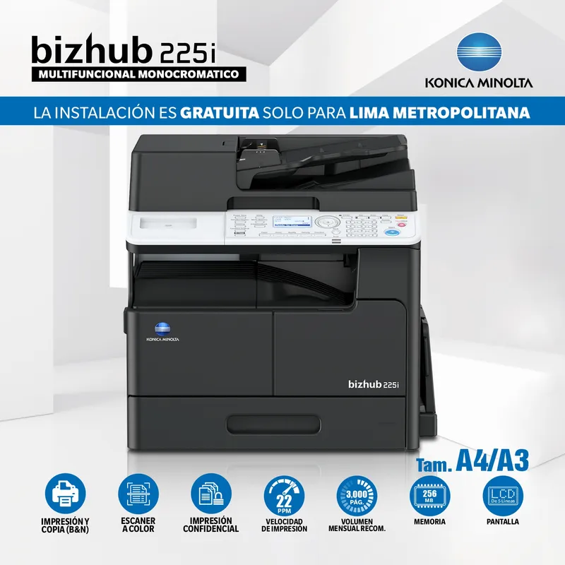 KONICA MINOLTA - Impresora Multifuncional Laser Monocromática BIZHUB 225i