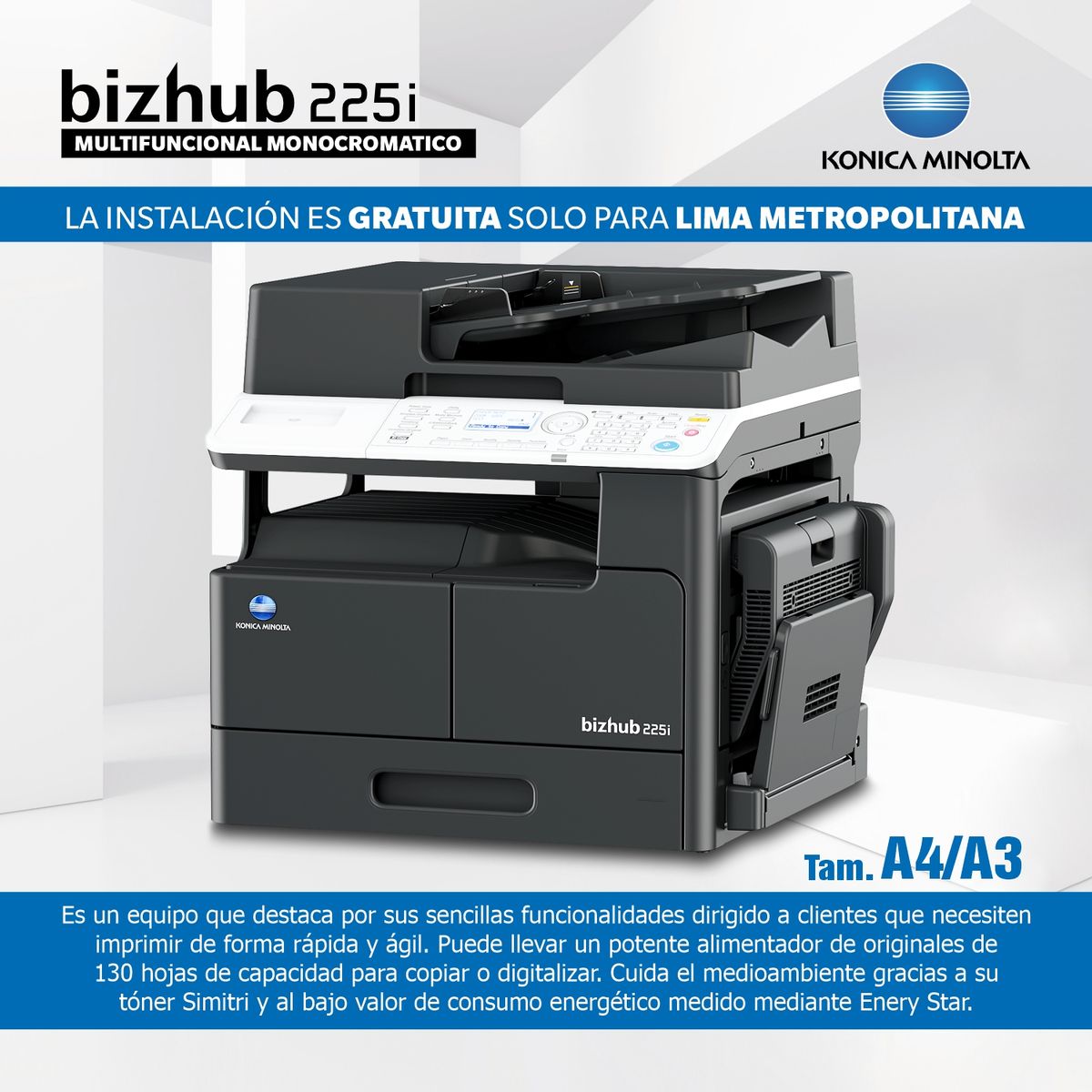 KONICA MINOLTA - Impresora Multifuncional Laser Monocromática BIZHUB 225i