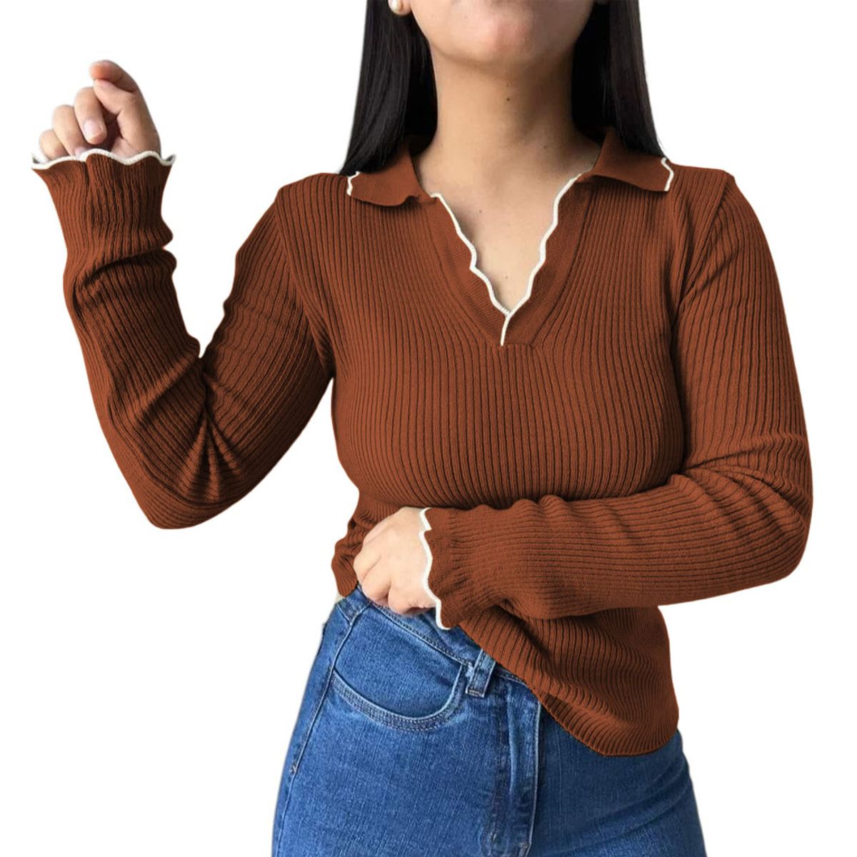 GENERICO - Sueter Mujer Hilo Mlarga Ondulado 359G-21 Color Camello