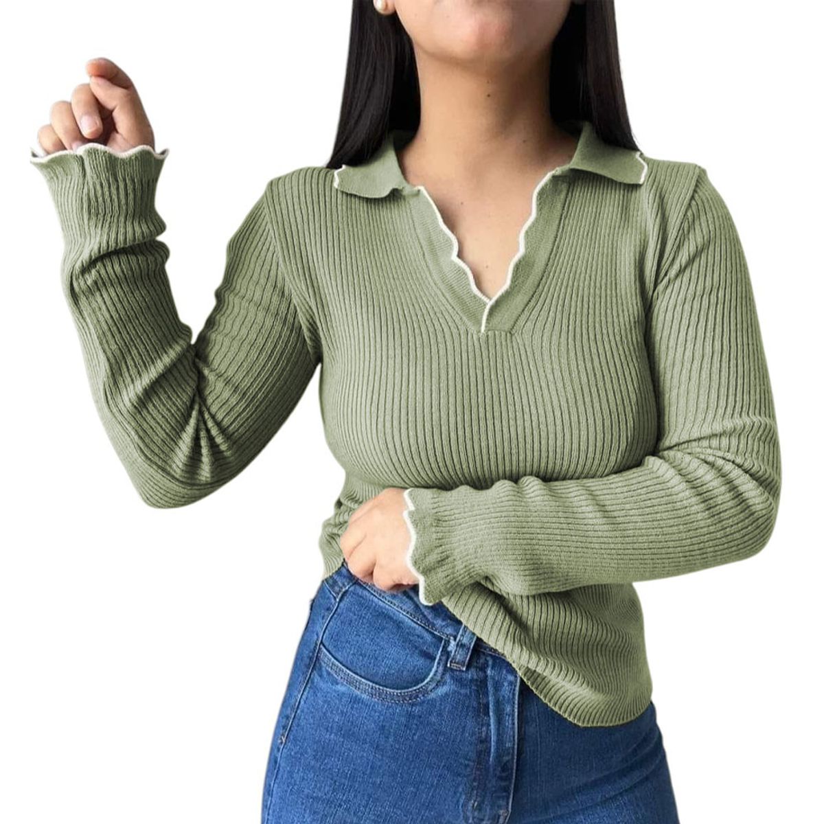 GENERICO - Sueter Mujer Hilo Mlarga Ondulado 359G-21 Color Manzana