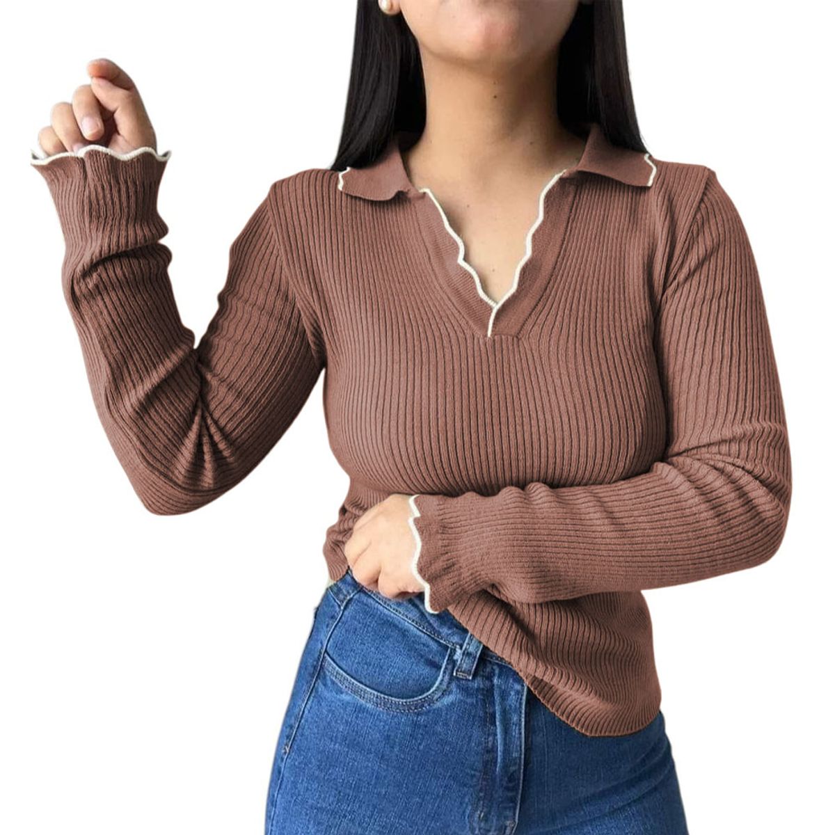 GENERICO - Sueter Mujer Hilo Mlarga Ondulado 359G-21 Color Toffy