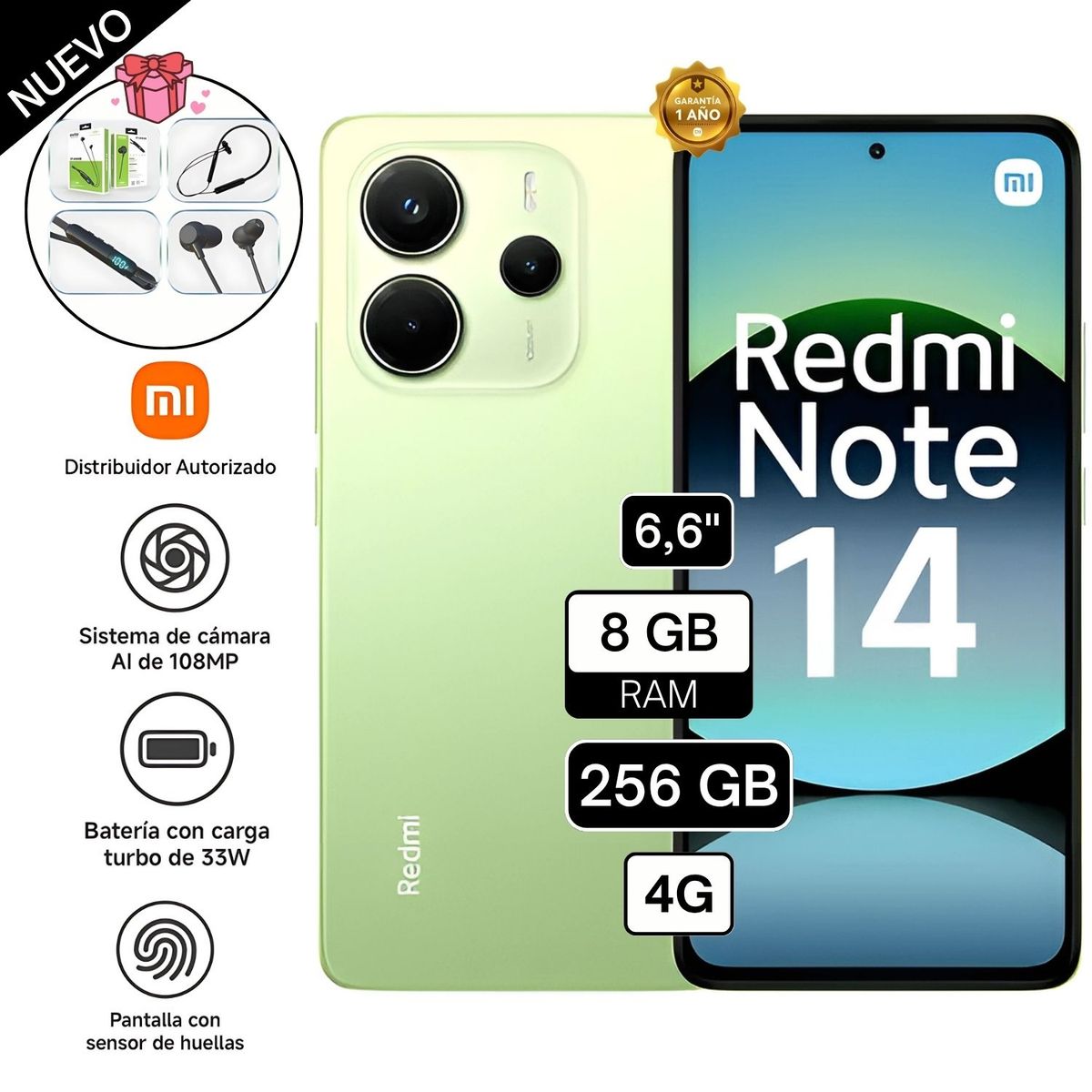 XIAOMI - Celular XIAOMI REDMI NOTE 14 4G 8GB RAM 256GB CÁMARA 108MP,camara frontal 20MP, 6.67' -verde lima