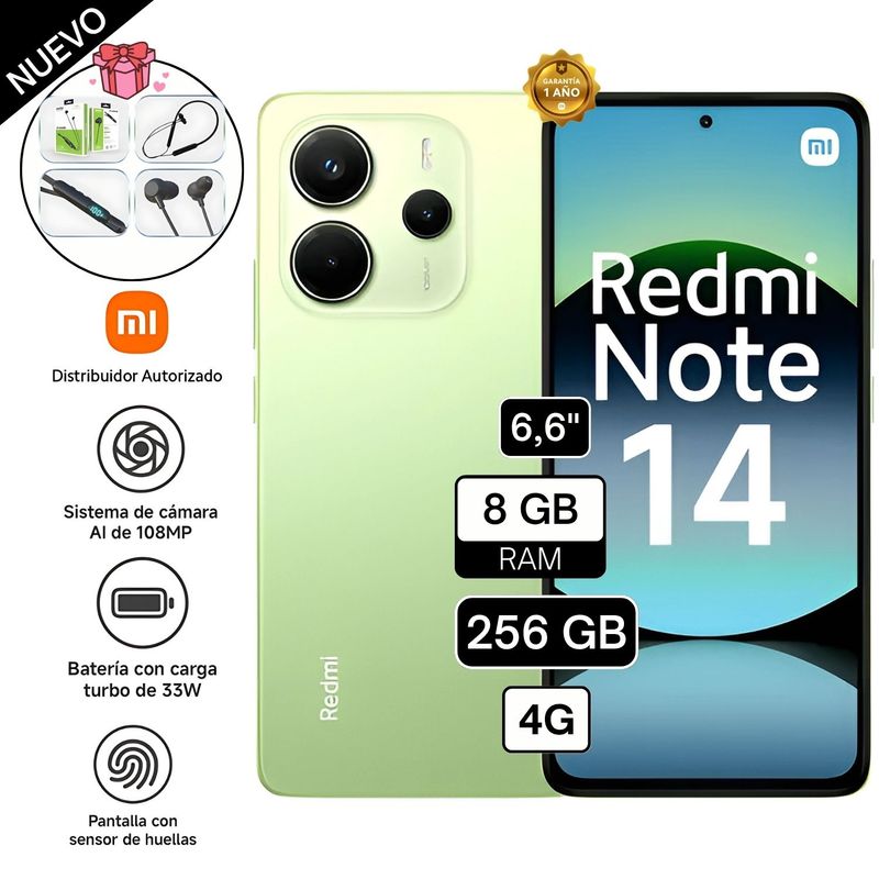 XIAOMI - Celular XIAOMI REDMI NOTE 14 4G 8GB RAM 256GB CÁMARA 108MP,camara frontal 20MP, 6.67' -verde lima