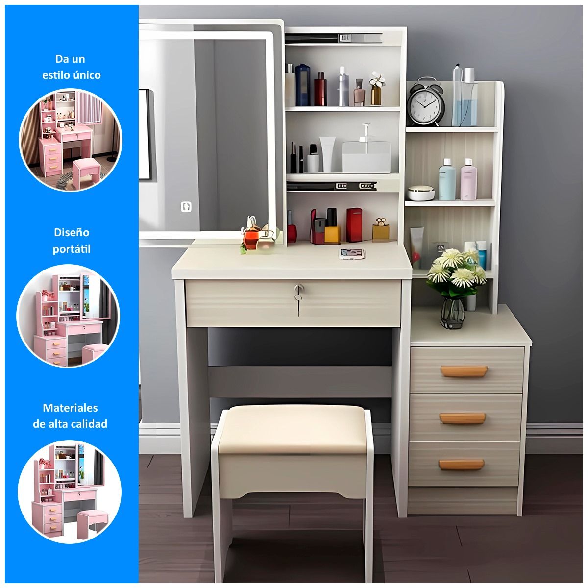 GENERICO - Tocador de 4 Cajones con Sillón Premium Beige