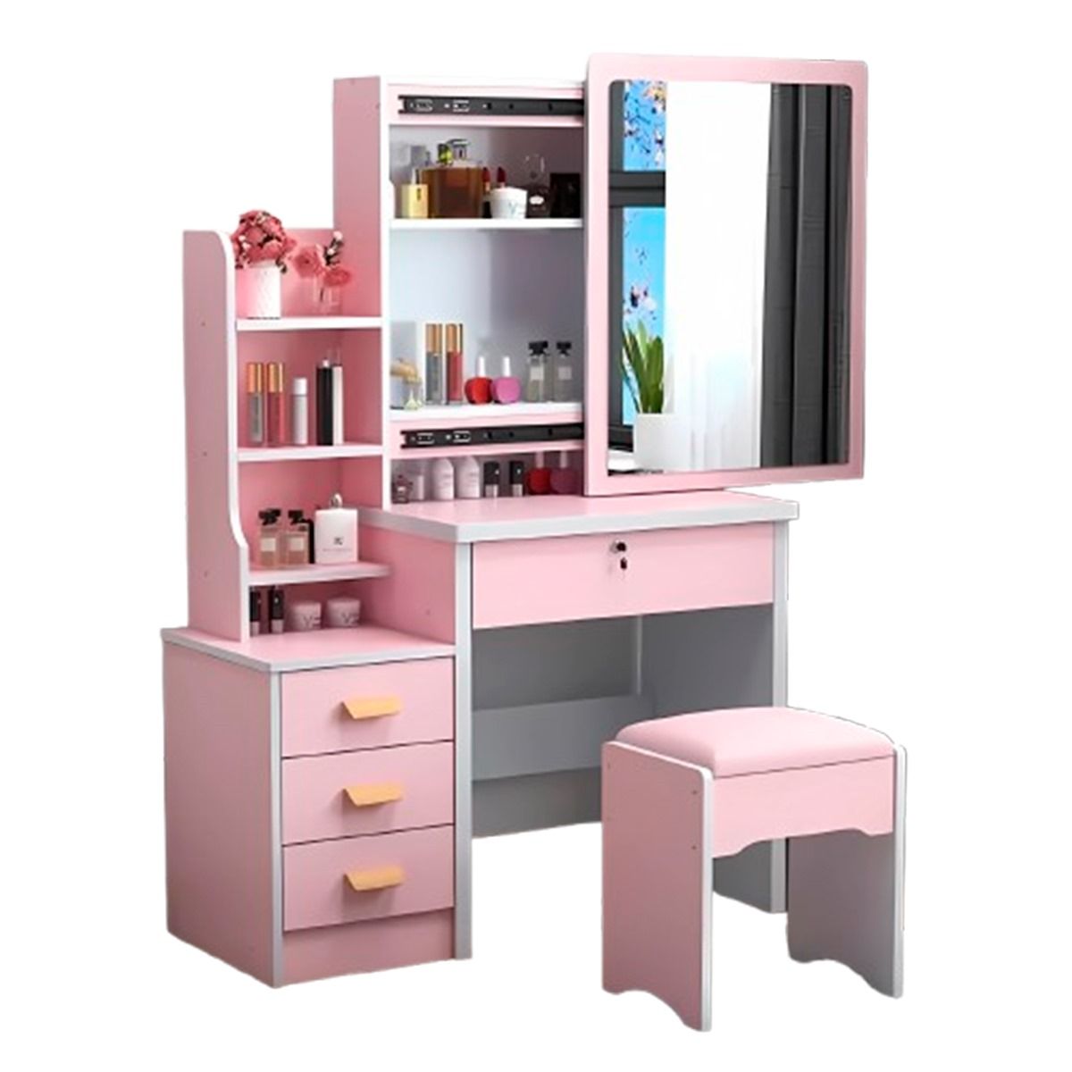 GENERICO - Tocador de 4 Cajones con Sillón Premium Rosado