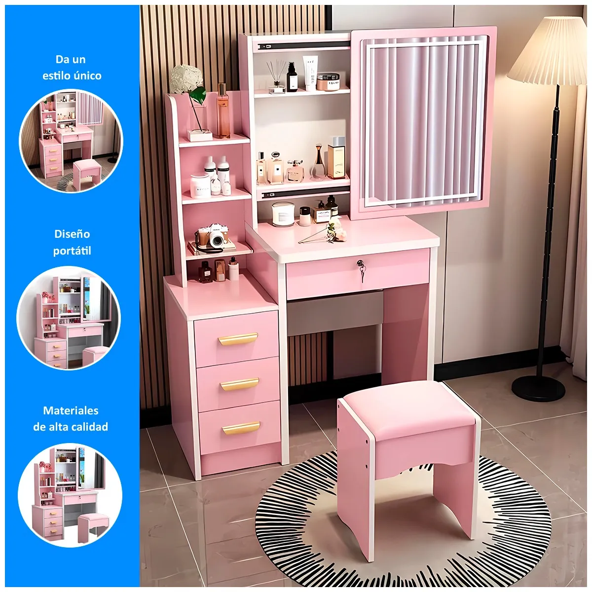 GENERICO - Tocador de 4 Cajones con Sillón Premium Rosado