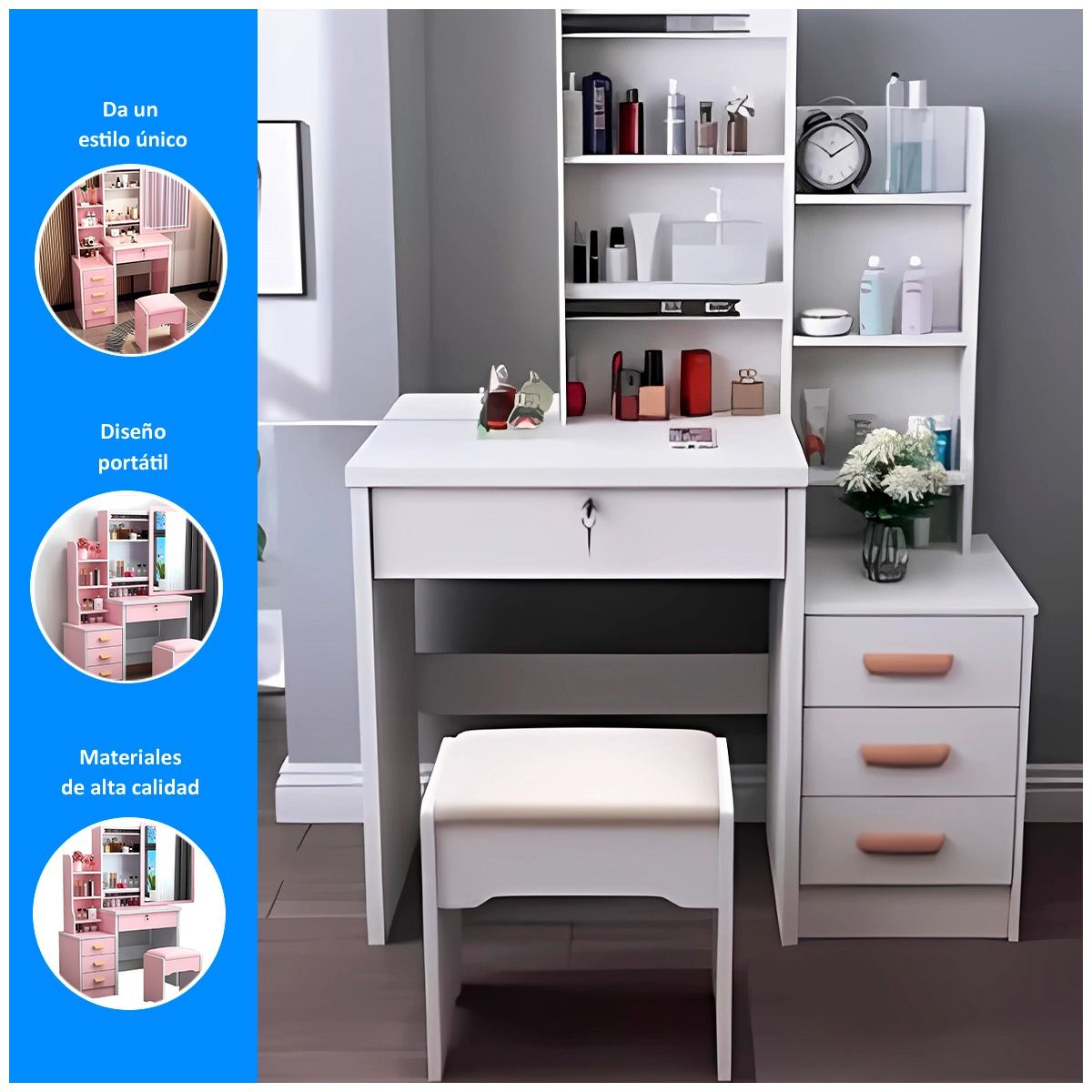 GENERICO - Tocador de Maquillaje Con Espejo y Sillón Para Dormitorio Blanco