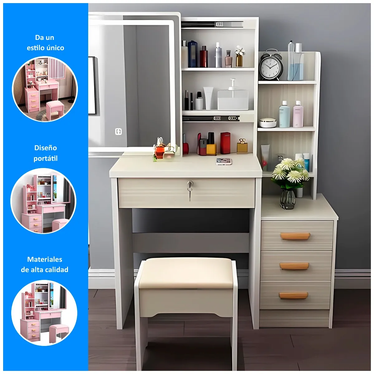 GENERICO - Tocador de Maquillaje Con Espejo y Sillón Para Dormitorio Crema