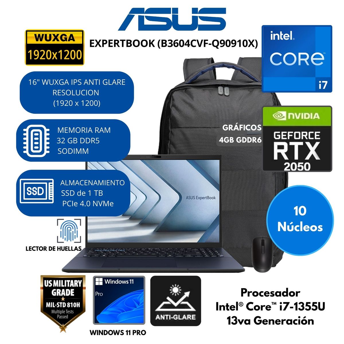 ASUS - Laptop ASUS Core i7 ExpertBook (B3604CVF-Q90910X) RAM 32 GB SSD 1 TB 16" WUXGA IPS Windows 11 PRO