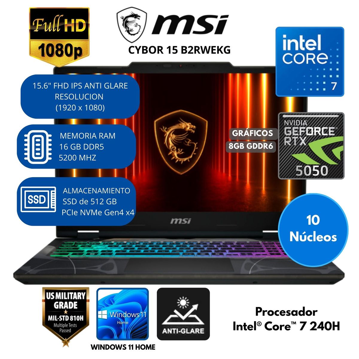 MSI - Laptop MSI INTEL CORE 7 (Cyborg 15 B2RWEKG) RAM 16 GB SSD 512 GB 15.6" FHD Windows 11