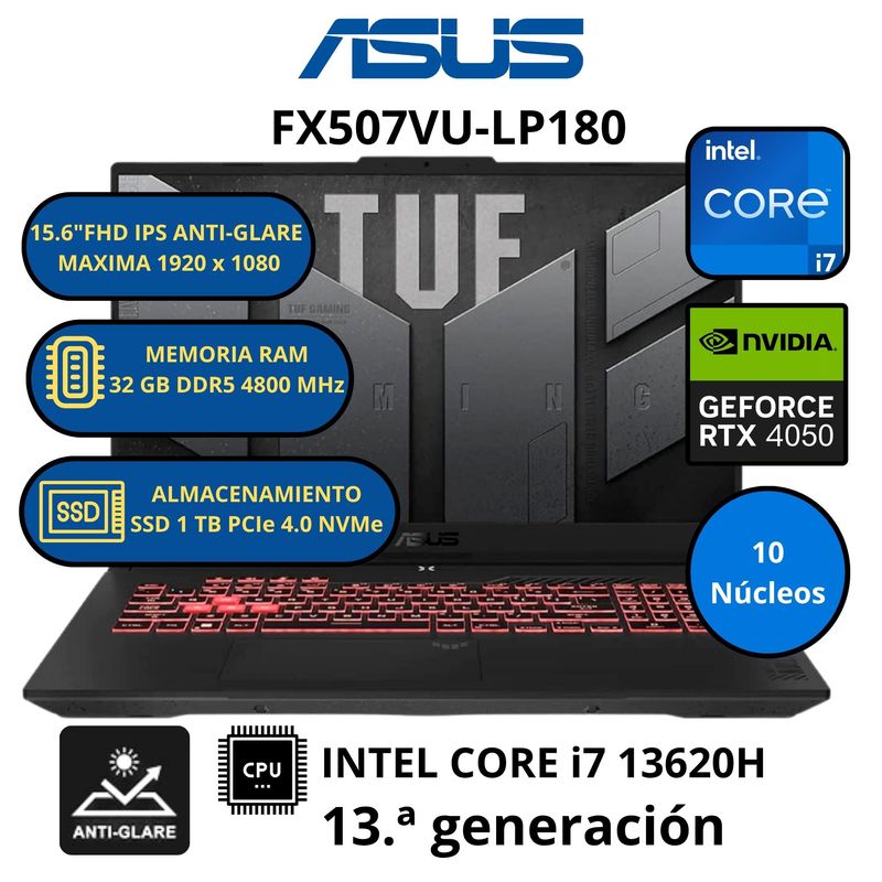 ASUS - Laptop FX507VU-LP180 INTEL CORE i7-RAM 32 GB SSD 1TB 15.6” FHD RTX 4050 con 6 GB GDDR6