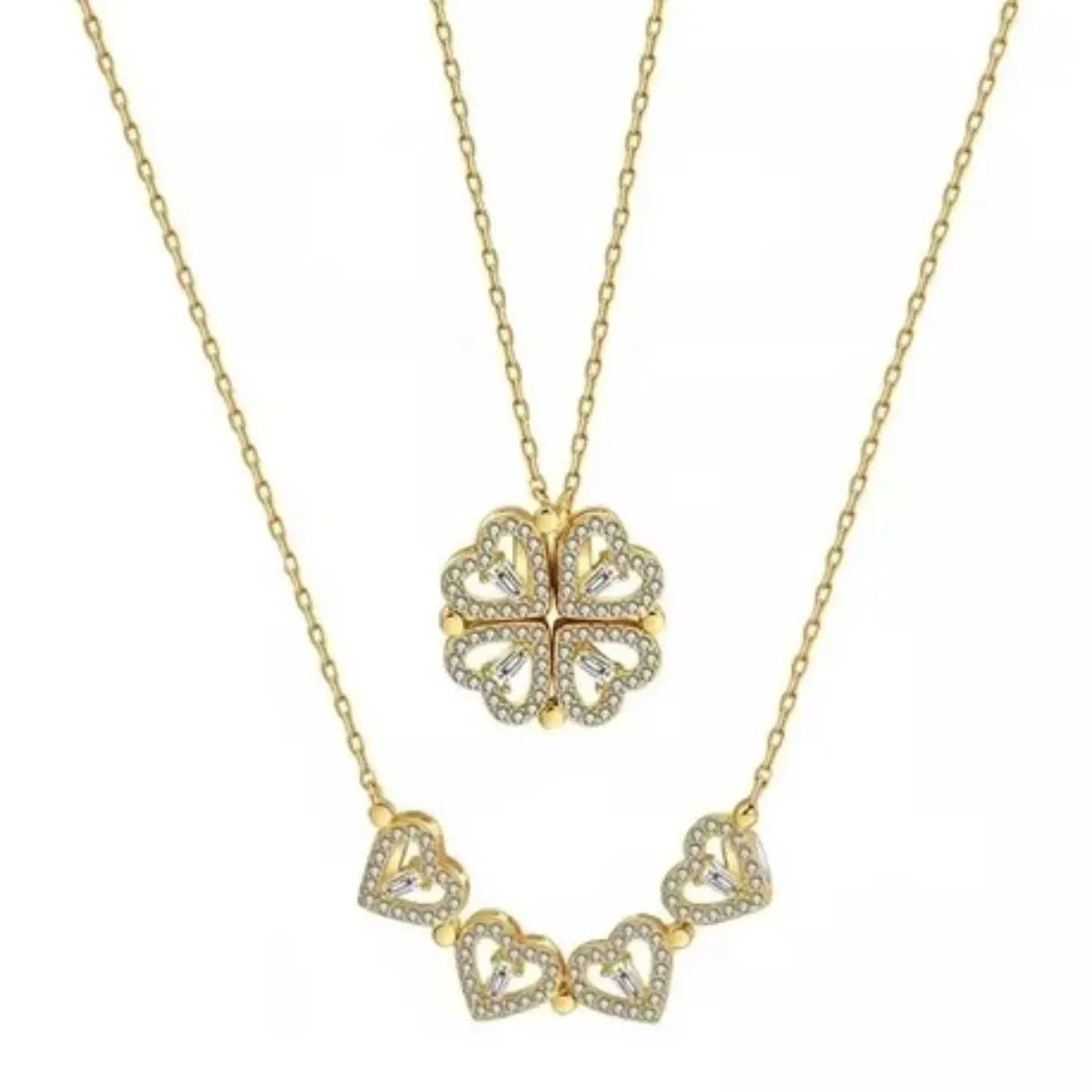 GENERICO - Collar 2 en 1 de Trébol  de la suerte a Corazones Bañado en oro para mujer