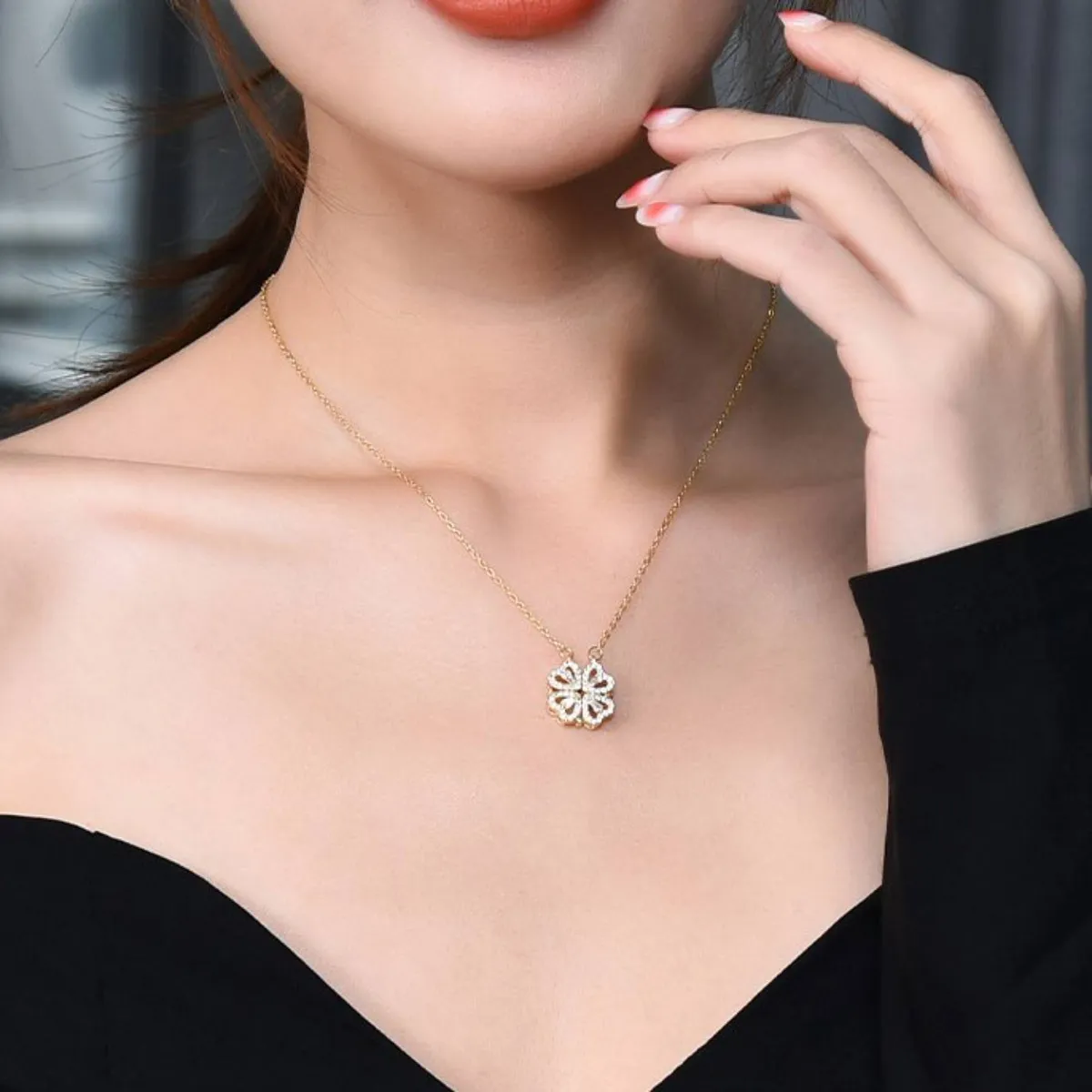 GENERICO - Collar 2 en 1 de Trébol  de la suerte a Corazones Bañado en oro para mujer