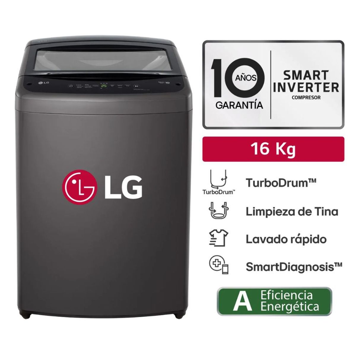 LG - Lavadora LG 16 Kg TurboDrum Carga Superior WT16BVTB Negro
