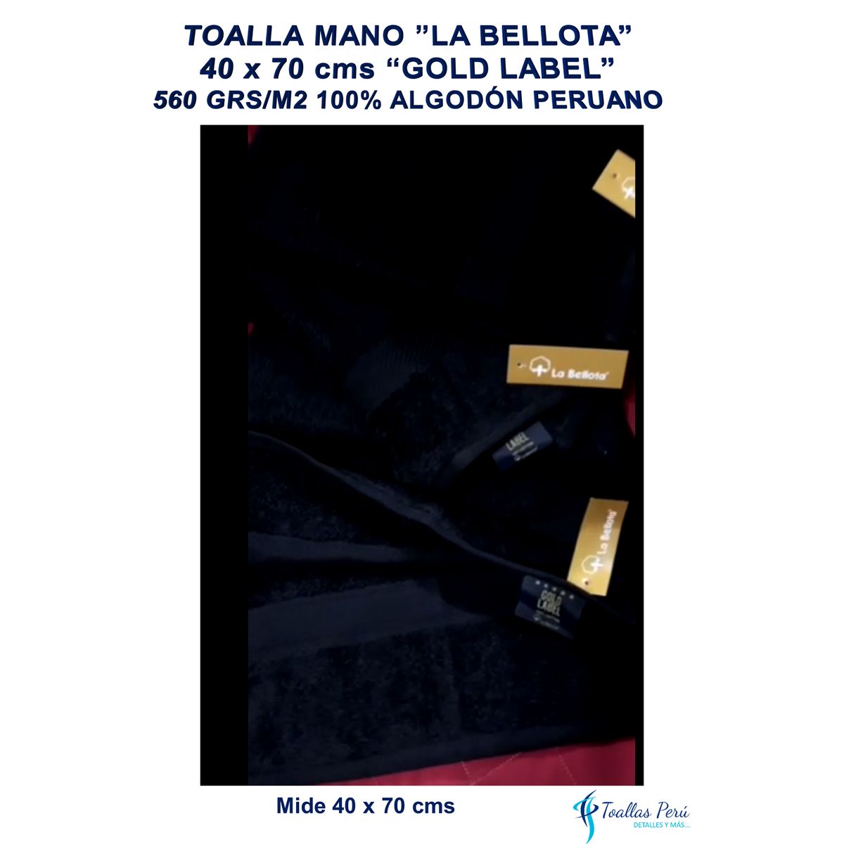 LA BELLOTA - Toalla Mano Negra 560 grs 40×70 cm "La Bellota" Gold Label