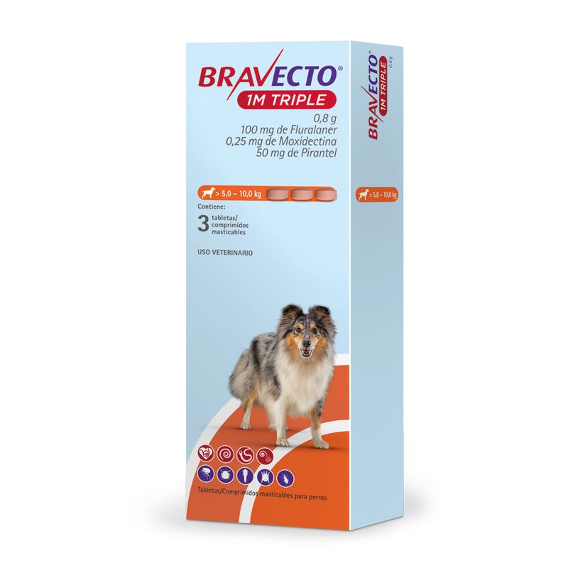 BRAVECTO - Antipulga Bravecto 5 -10KG x 3 Tab Protección Total 111 Días