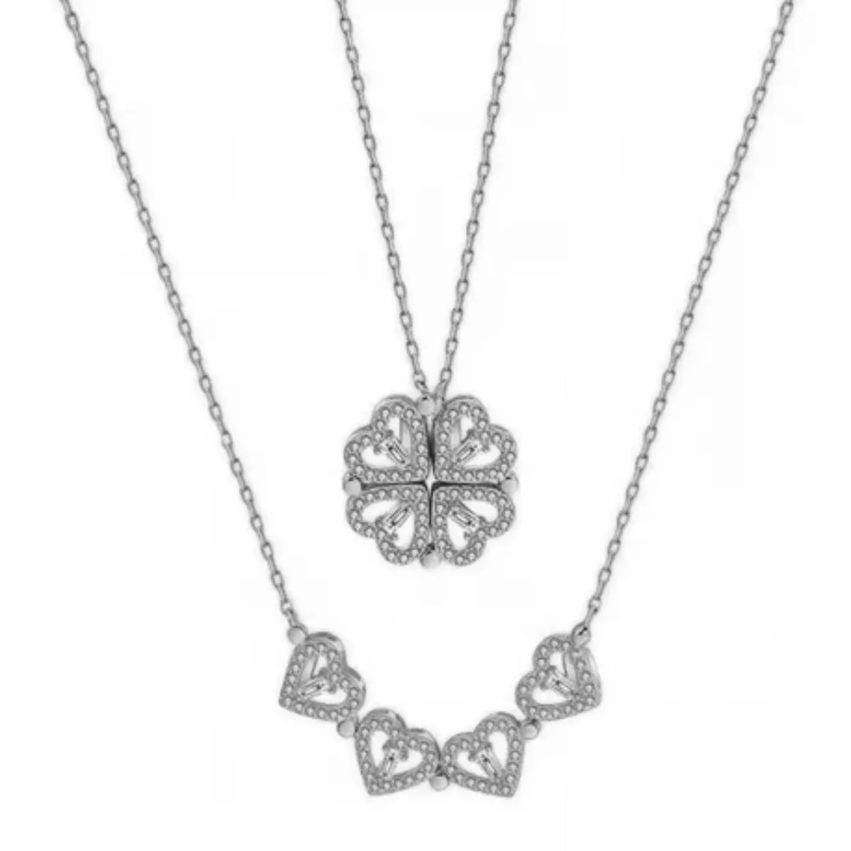GENERICO - Collar 2 en 1 de Trébol de la suerte a Corazones Plateado para mujer