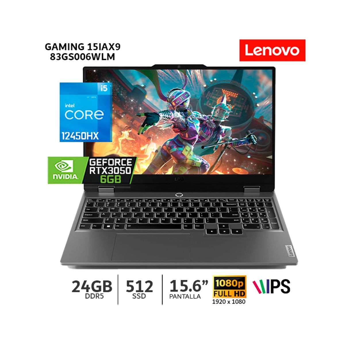 LENOVO - Laptop Lenovo LOQ 15IAX9, CI5-12450HX, 24Gb Ram/ 512Gb SSD/ 15.6” FHD/ RTX 3050 6Gb - 83GS006WLM