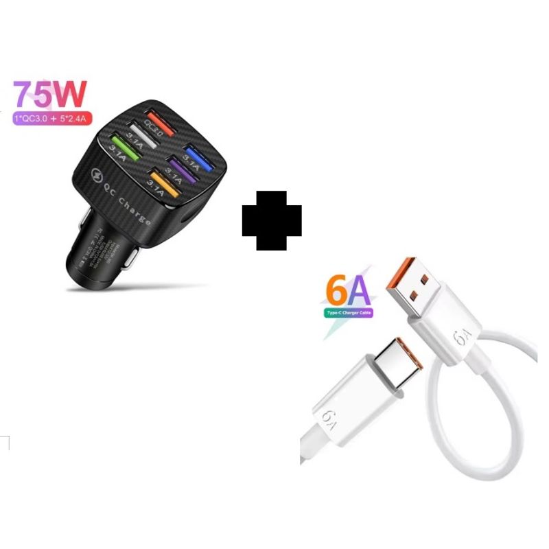 SMART - PACK CARGADOR CELULAR 75W NEGRO DE 6 PUERTOS  Y CABLE 6A CARGA RAPIDA