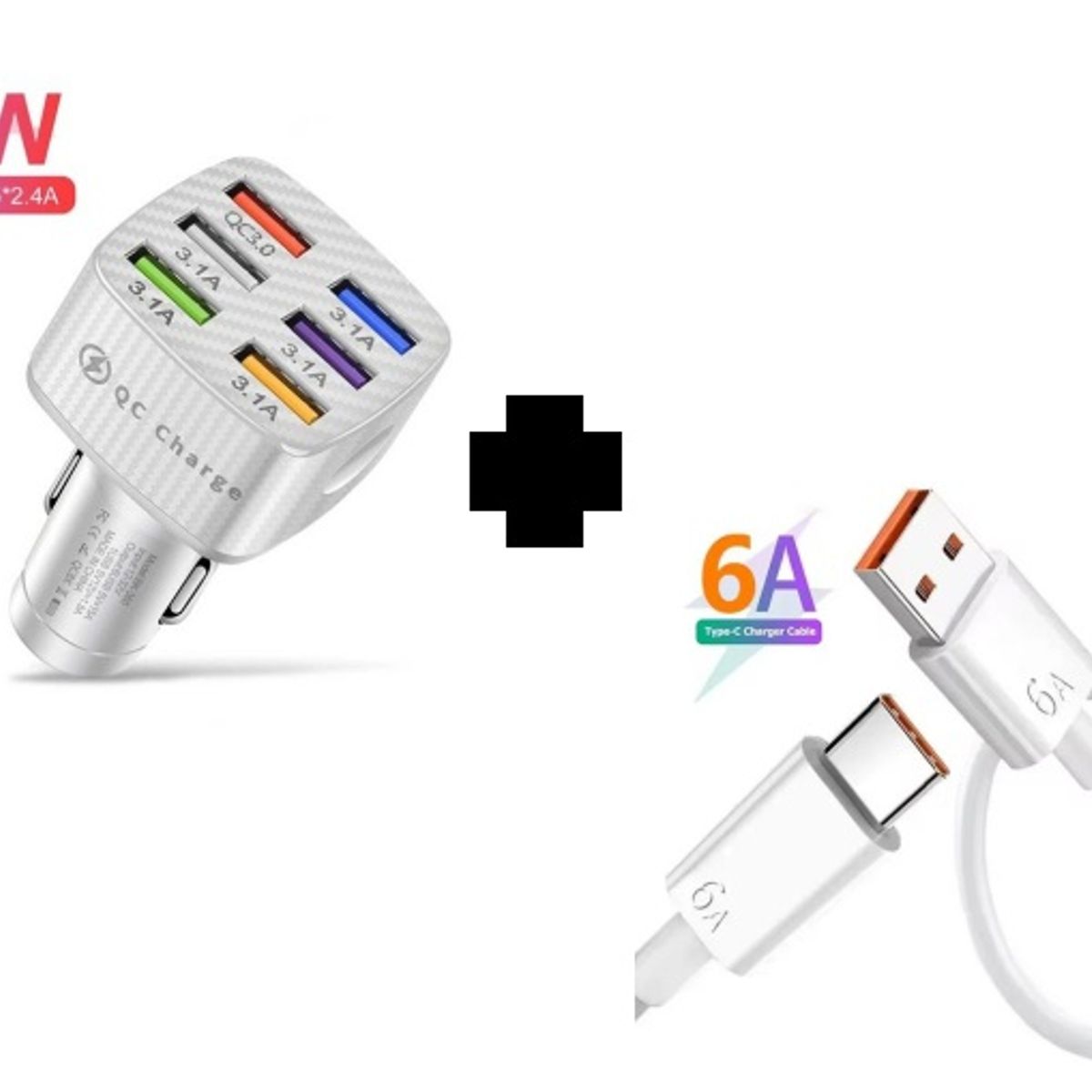 SMART - PACK CARGADOR CELULAR 75W BLANCO DE 6 PUERTOS  Y CABLE 6A CARGA RAPIDA