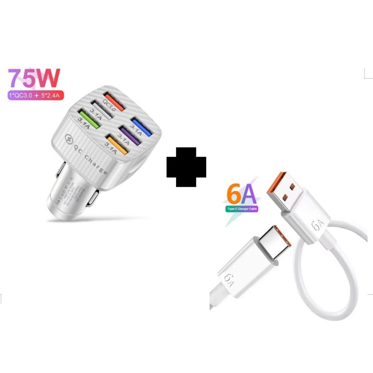 SMART - PACK CARGADOR CELULAR 75W BLANCO DE 6 PUERTOS  Y CABLE 6A CARGA RAPIDA