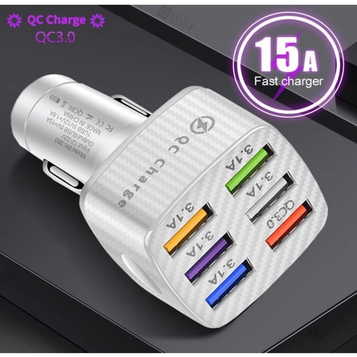 SMART - PACK CARGADOR CELULAR 75W BLANCO DE 6 PUERTOS  Y CABLE 6A CARGA RAPIDA