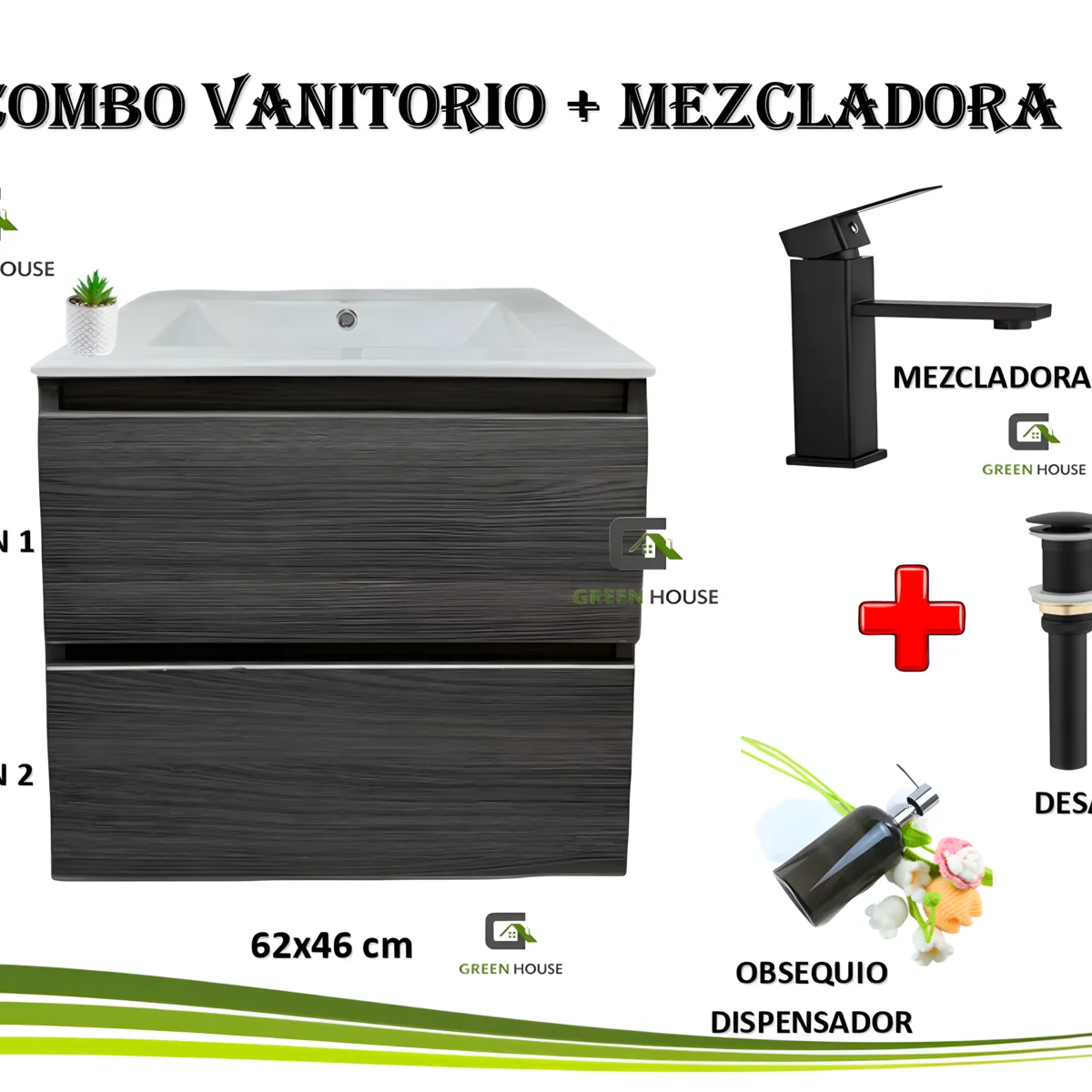 GREEN HOUSE - COMBO VANITORIO ROBLE GRIS + MEZCALDORA  ACERO NEGRO MATE + DESAGUE