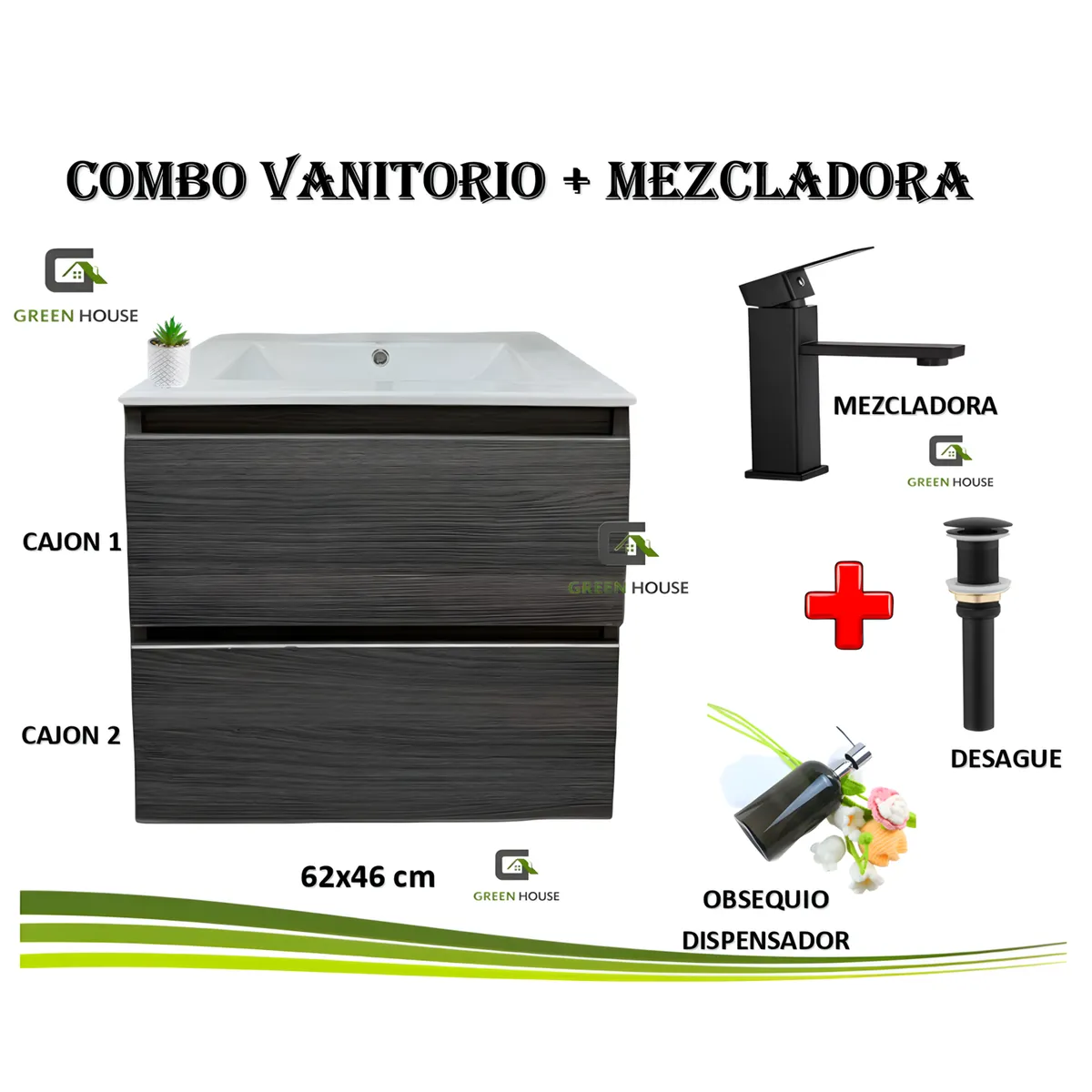 GREEN HOUSE - COMBO VANITORIO ROBLE GRIS + MEZCALDORA  ACERO NEGRO MATE + DESAGUE