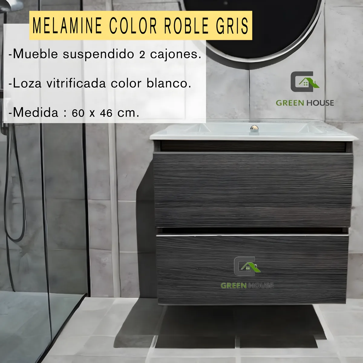 GREEN HOUSE - COMBO VANITORIO ROBLE GRIS + MEZCALDORA  ACERO NEGRO MATE + DESAGUE
