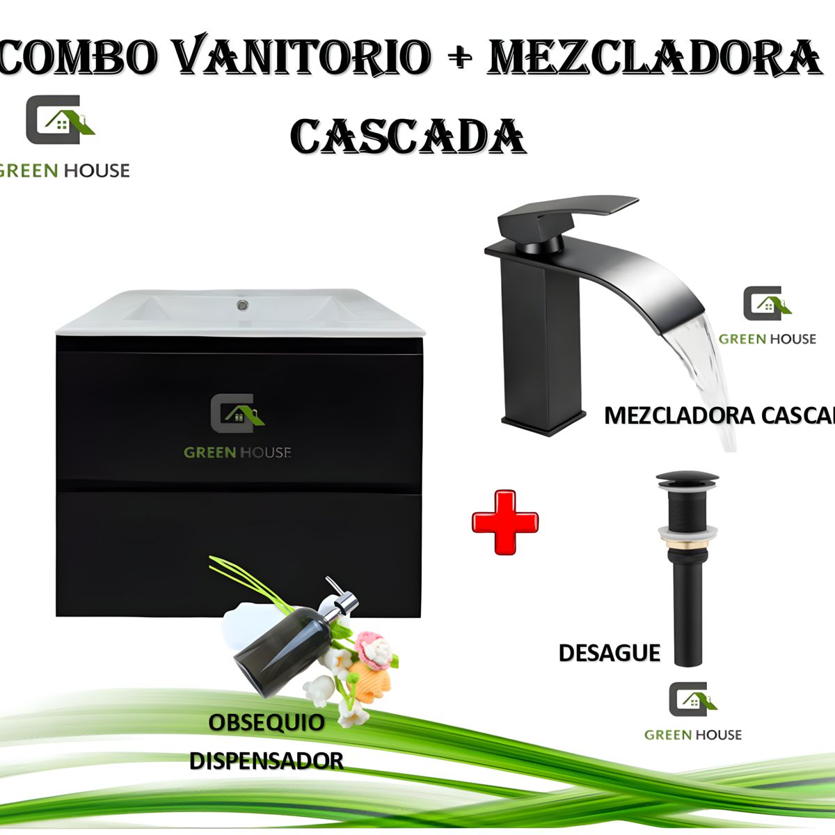 GREEN HOUSE - COMBO VANITORIO NEGRO + MEZCALDORA  CASCADA NEGRO MATE + DESAGUE