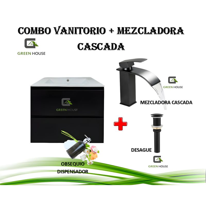 GREEN HOUSE - COMBO VANITORIO NEGRO + MEZCALDORA  CASCADA NEGRO MATE + DESAGUE
