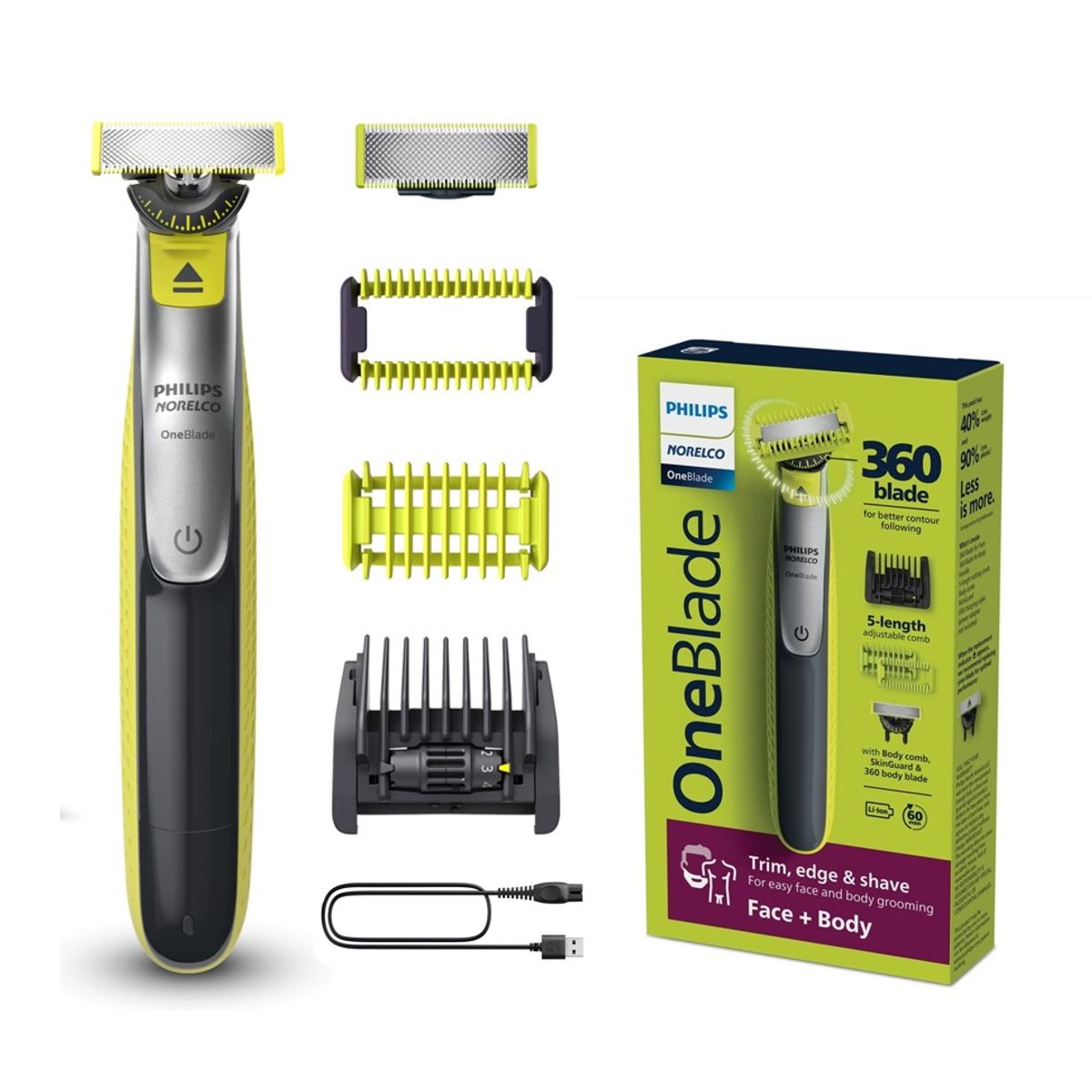 PHILIPS - Philips OneBlade Rostro Y Cuerpo 5 Posiciones 2 Cuchillas 2 Peines