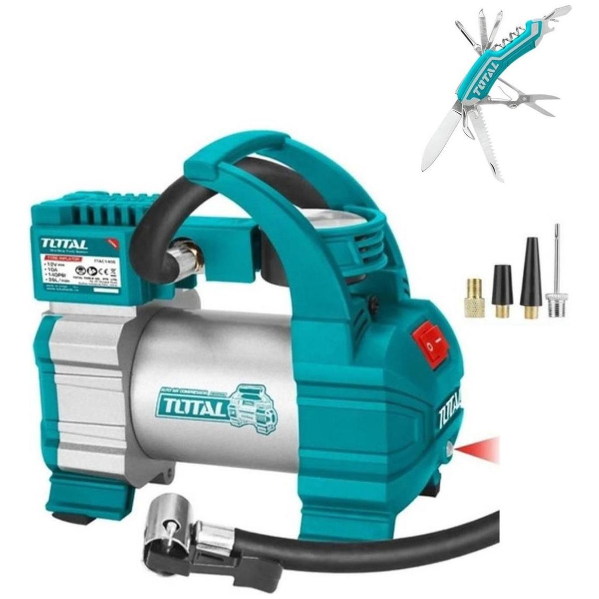 TOTAL TOOLS - Mini Compresor de Aire TTAC1406 + Navaja 12 en 1 TOTAL