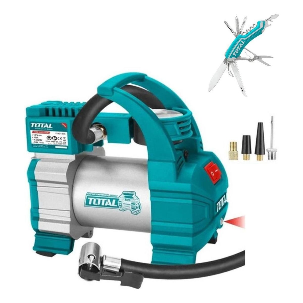 TOTAL TOOLS - Mini Compresor de Aire TTAC1406 + Navaja 12 en 1 TOTAL
