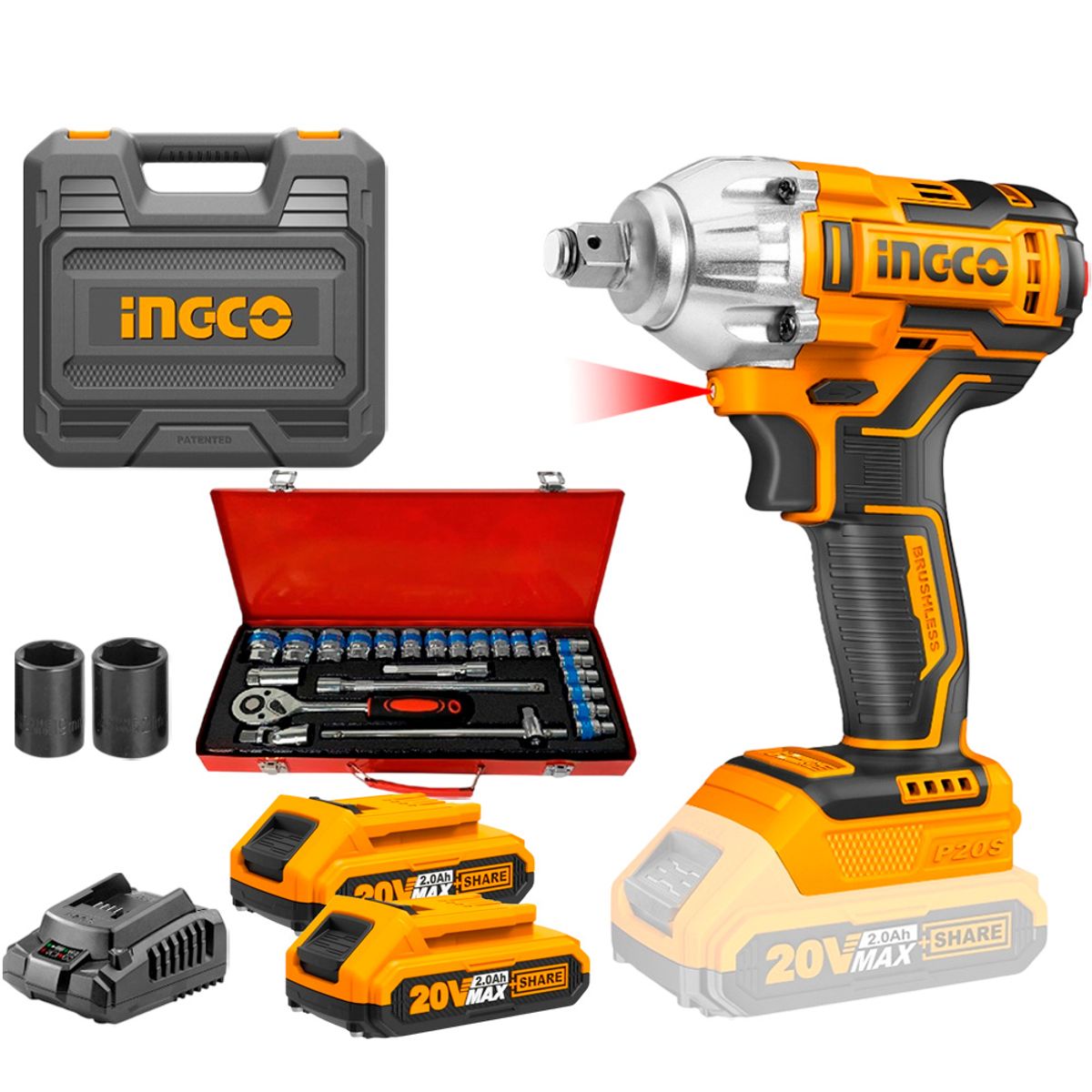 INGCO TOOLS - Llave de Impacto CIWLI2038 20V BL + SET Ratchet 24pz Asaki