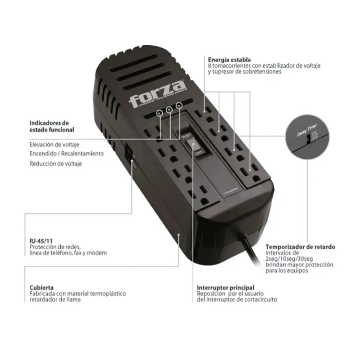 FORZA - Estabilizador Forza Fvr-2202 2200va 1100w 8tomas