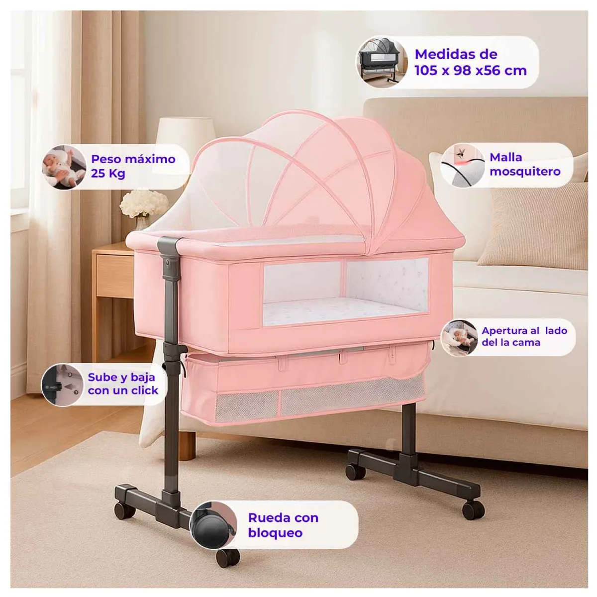 GENERICO - Cuna para bebe portatil facil plegable 3 en 1 Rosado