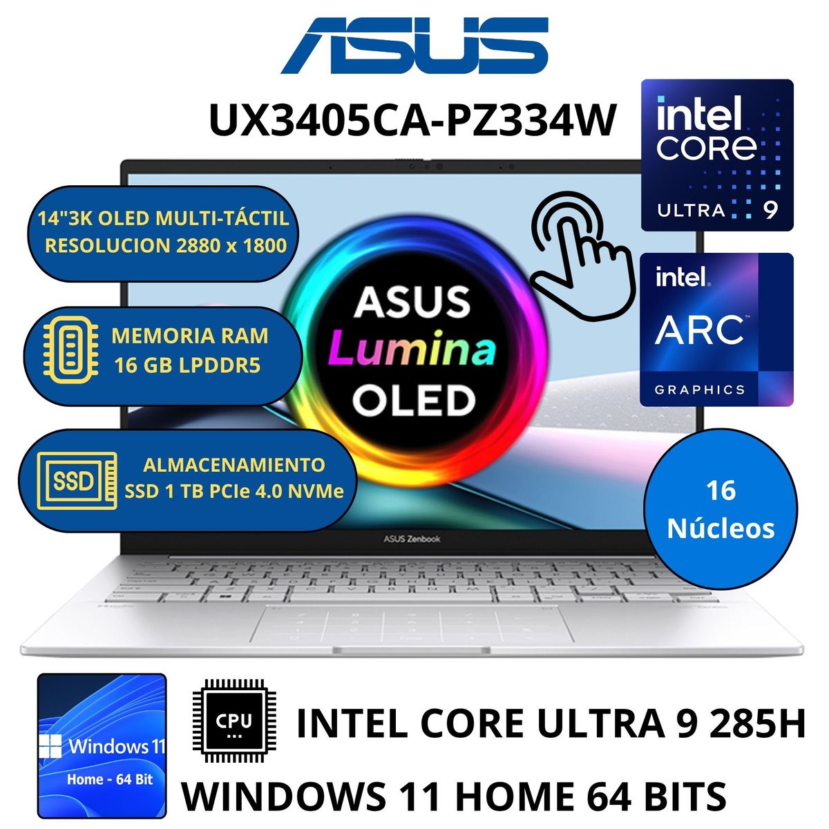 ASUS - Laptop ASUS INTEL CORE ULTRA 9 (Zenbook UX3405CA-PZ334W) RAM 16 GB SSD 1TB 14" OLED táctil WIN 11