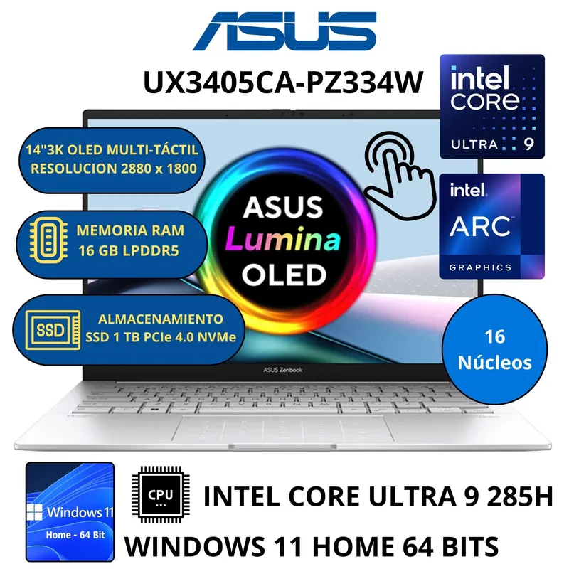 ASUS - Laptop ASUS Zenbook UX3405CA-PZ334W INTEL CORE ULTRA 9-RAM 16 GB SSD 1TB 14" OLED táctil WINDOWS 11