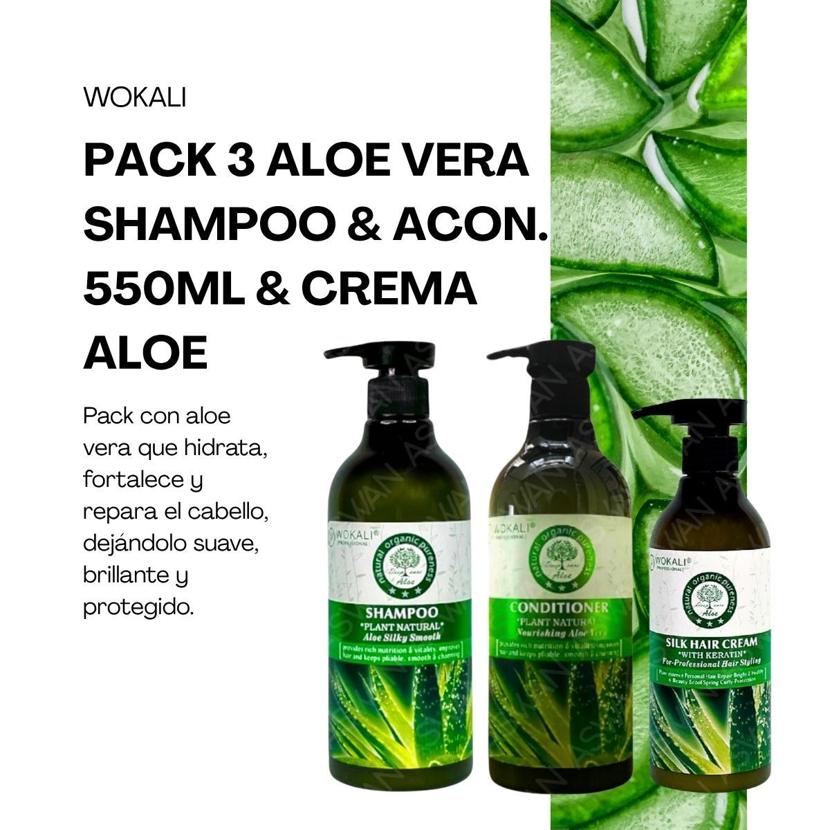 WOKALI - PACK 3 ALOE VERA SHAMPOO & ACON 550ML & CREMA ALOE VERA - WOKALI