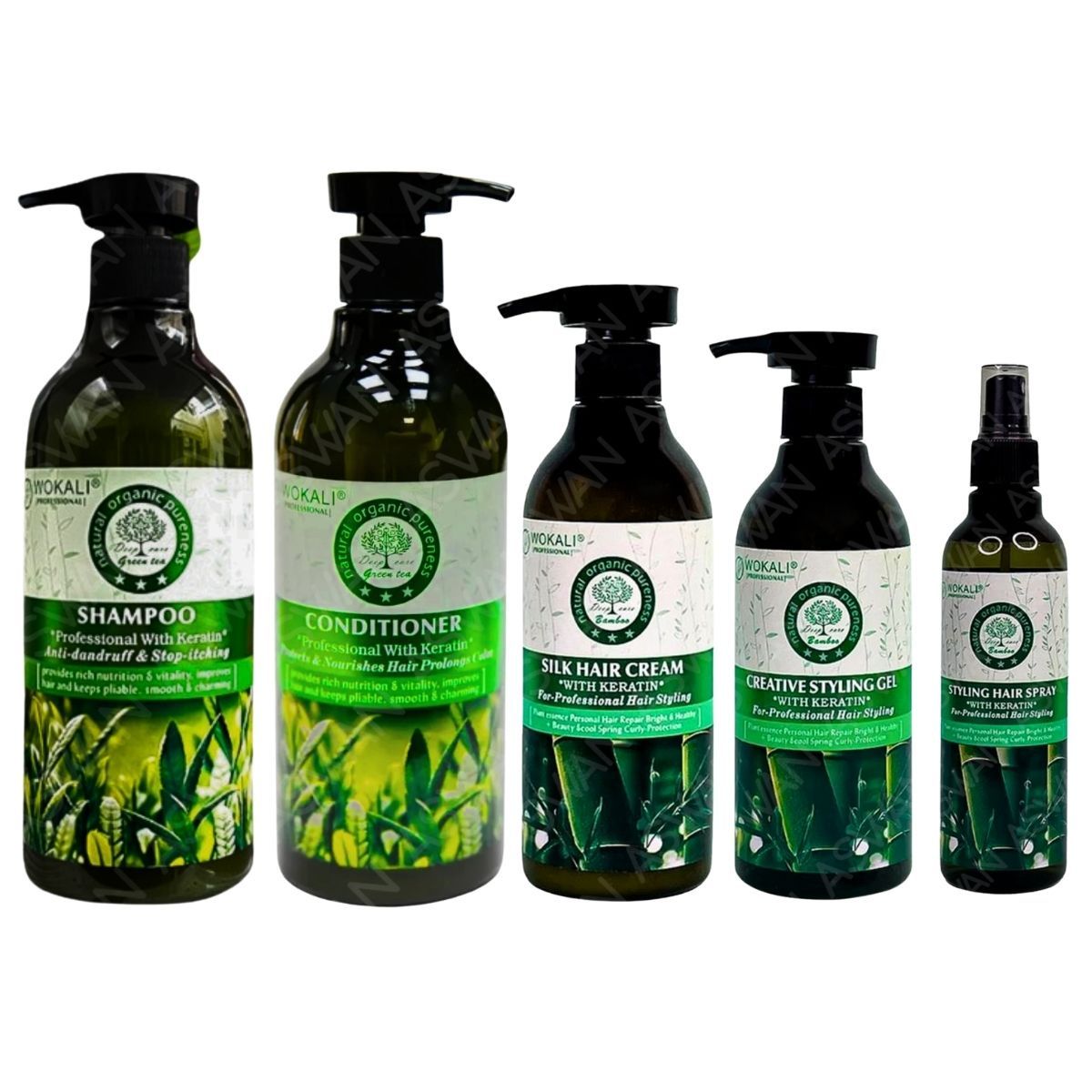 WOKALI - PACK 5 TE VERDE SHAMPOO & ACON 550ML & CREMA BAMBÚ & FIJADOR BAMBÚ & LACA BAMBÚ - WOKALI